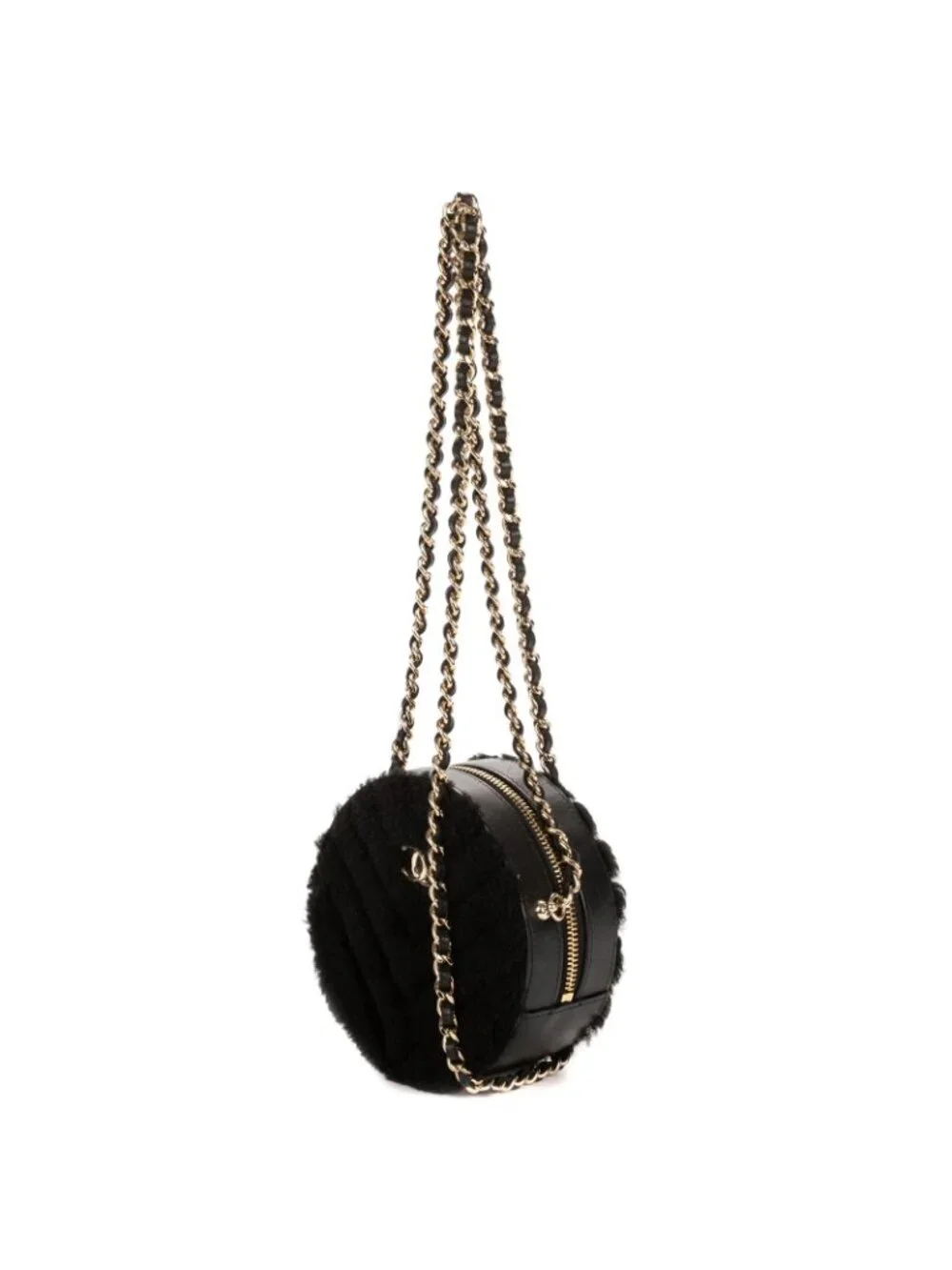 Chanel CC Shearling Chevron Round Crossbody Black Canvasa